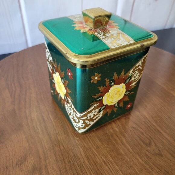 Vintage1970’s Square Green/Gold Barret Tin Canister, Made in England, Floral - Picture 2 of 7